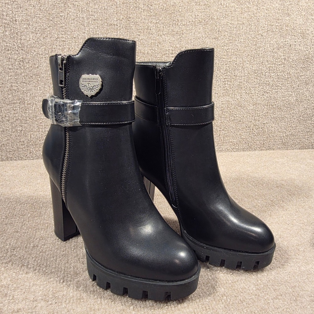 Milwaukee Performance Womens Black Leather Heeled Platform Biker Boots Size 6 - Picture 7 of 7